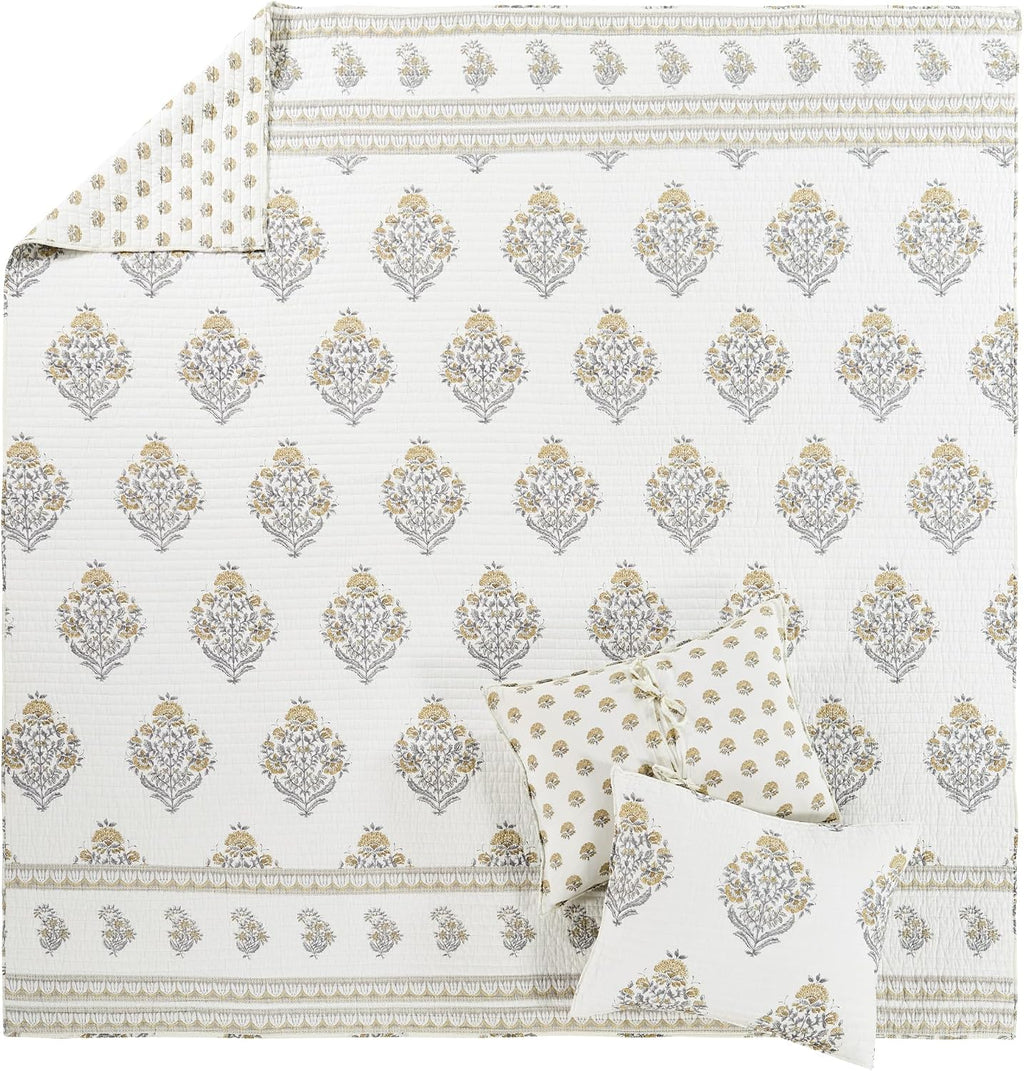 Levtex Home - Kamira Ochre Quilt Set - Full/Queen Quilt and Two Standard Shams - Bordered Floral - Ochre, Grey and Cream - Quilt (88x92in.) and Shams (20x26in.) - Reversible - Cotton