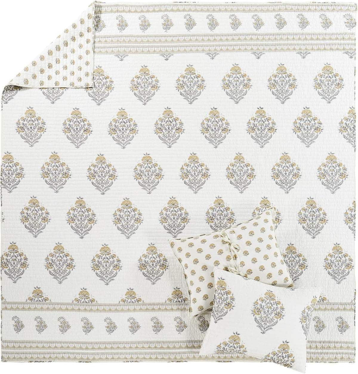 Levtex Home - Kamira Ochre Quilt Set - Full/Queen Quilt and Two Standard Shams - Bordered Floral - Ochre, Grey and Cream - Quilt (88x92in.) and Shams (20x26in.) - Reversible - Cotton