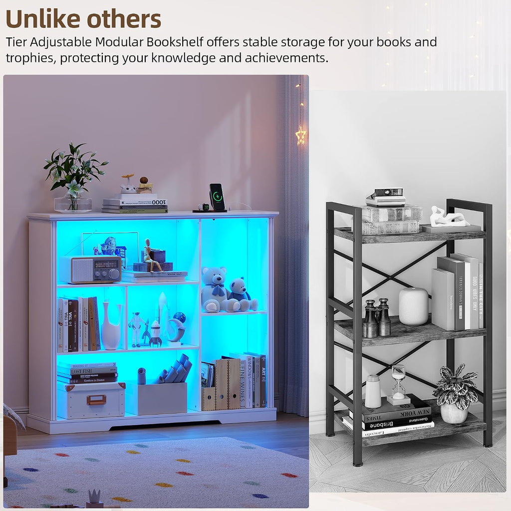 3-Tier LED Bookshelf with Lights - Motion Sensor Bookcase - USB Charging Module - Adjustable Display Shelf for Bedroom Kids Room Living Room Home Office - 47.24 W x 40 H - White