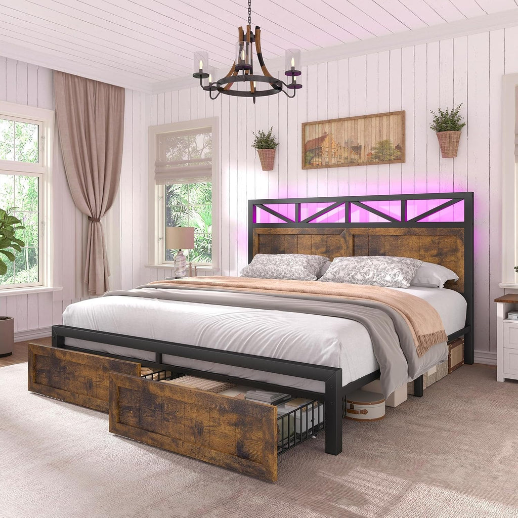EnHomee Full Size Bed Frame with Headboard, 2 Large Drawers Platform Bed with LED Lights and Built-in Charging Station, No Box Spring Needed, Noise-Free Metal Bed for Bedroom, Brown