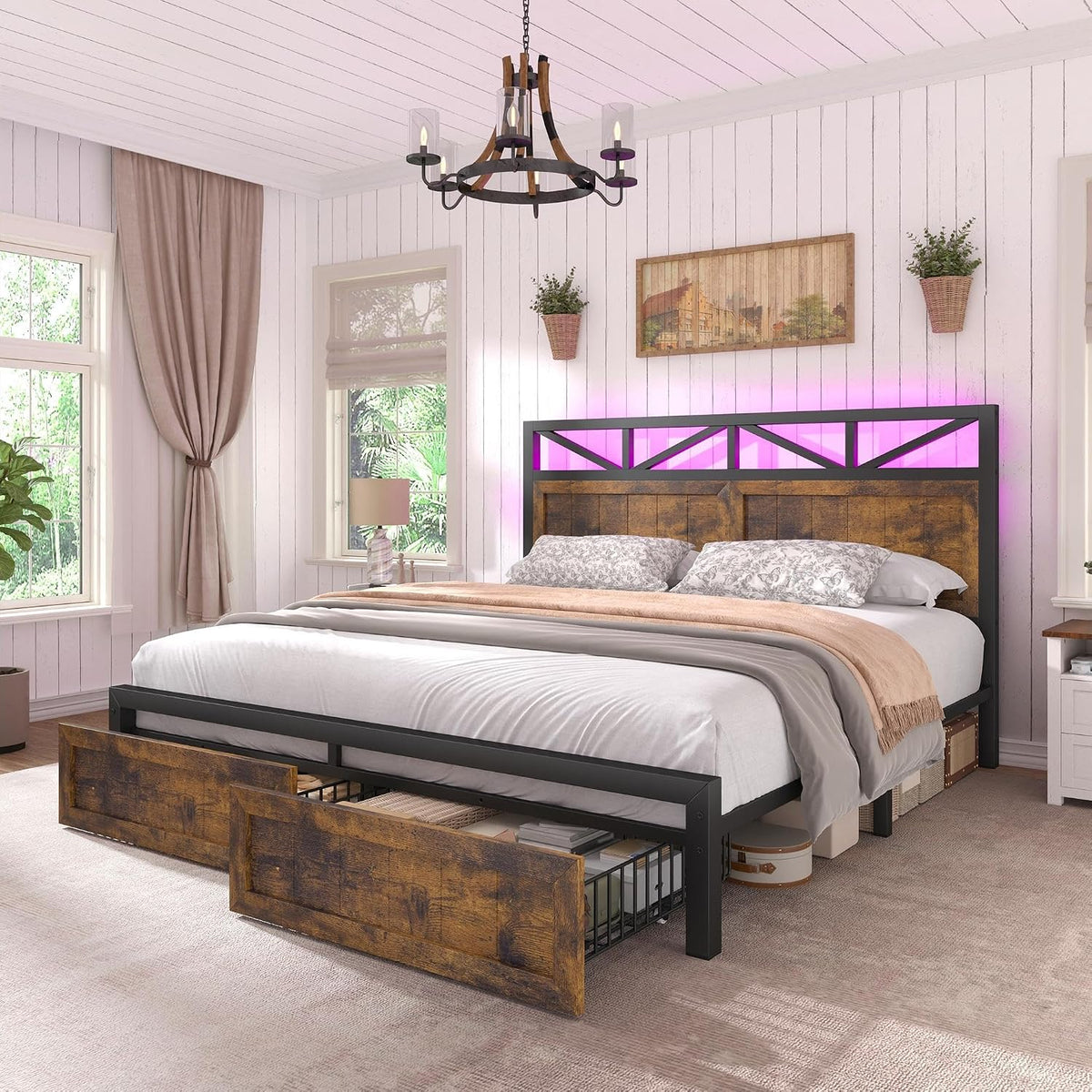 EnHomee Full Size Bed Frame with Headboard, 2 Large Drawers Platform Bed with LED Lights and Built-in Charging Station, No Box Spring Needed, Noise-Free Metal Bed for Bedroom, Brown