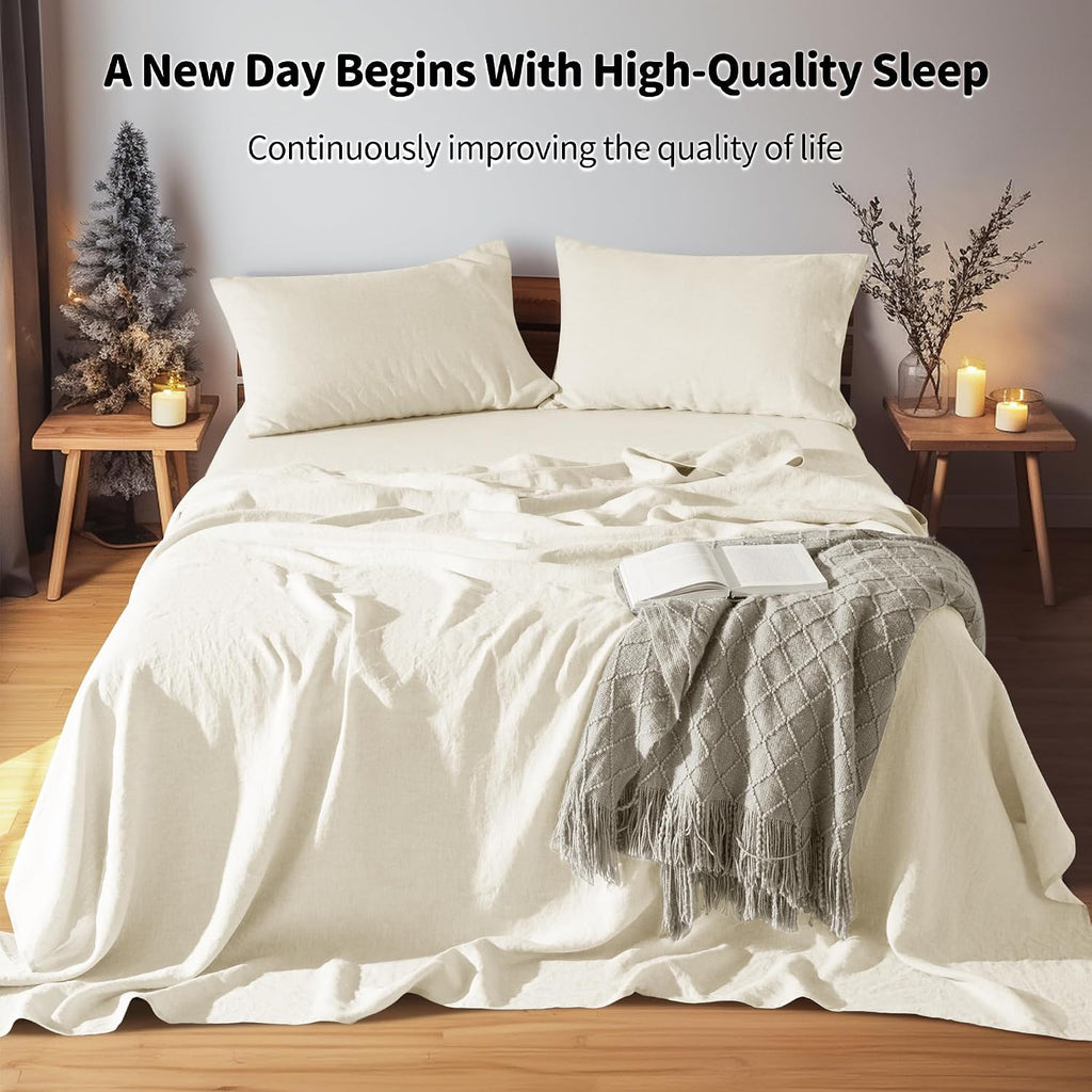 LBRO2M 100% Pure Linen Sheet Set Deep Pocket Up to 16' Bed Sheets Sets, Natural Flax Beddings Soft, Breathable, Comfortable for All Seasons 4 Pcs Sheet Set Queen Size, Beige