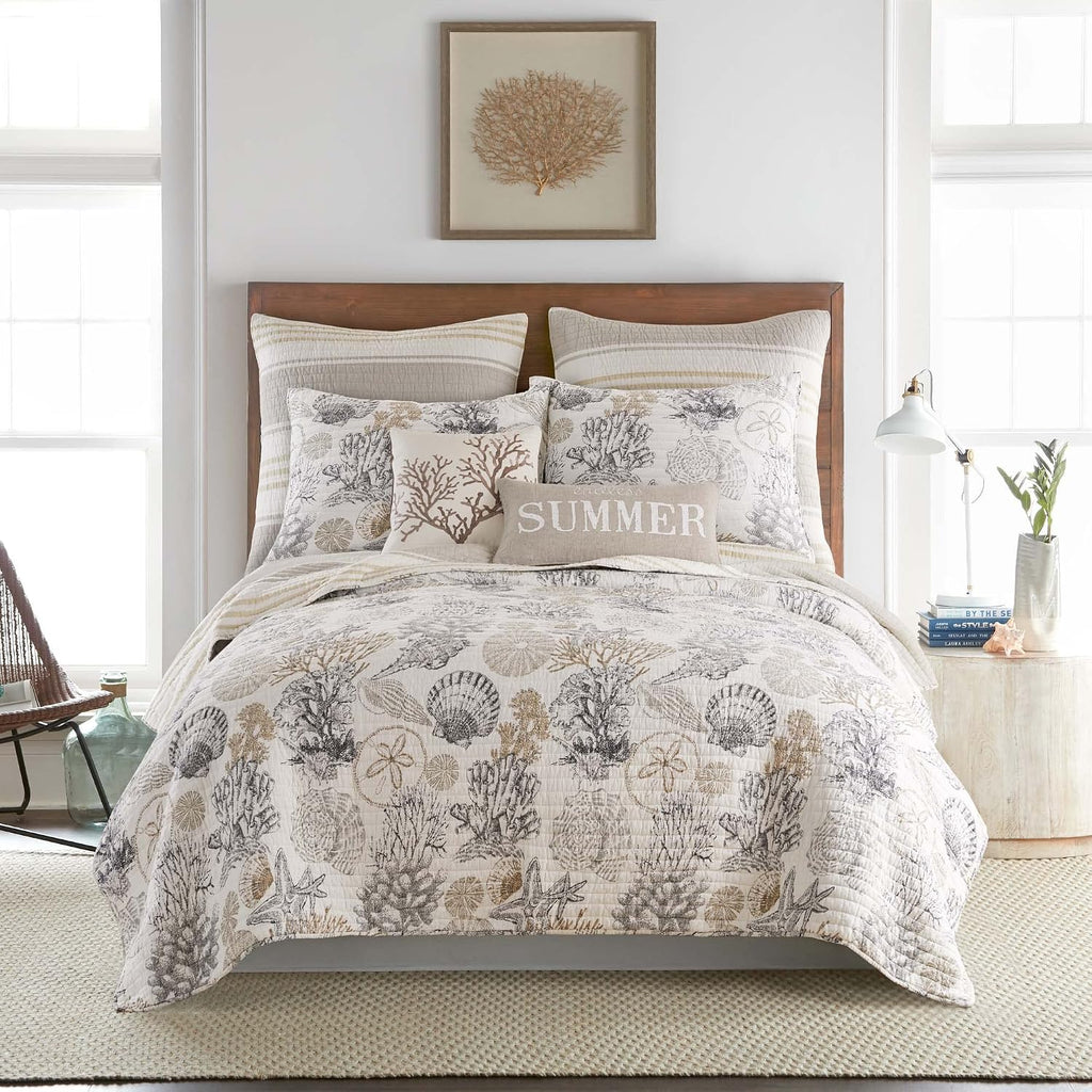 Levtex Home - Caspian Sea Neutral Quilt Set - Full/Queen Quilt (88x92in.) + Two Standard Pillow Shams (26x20in.) - Coastal - Taupe, Cream, Grey - Reversible - Cotton Fabric