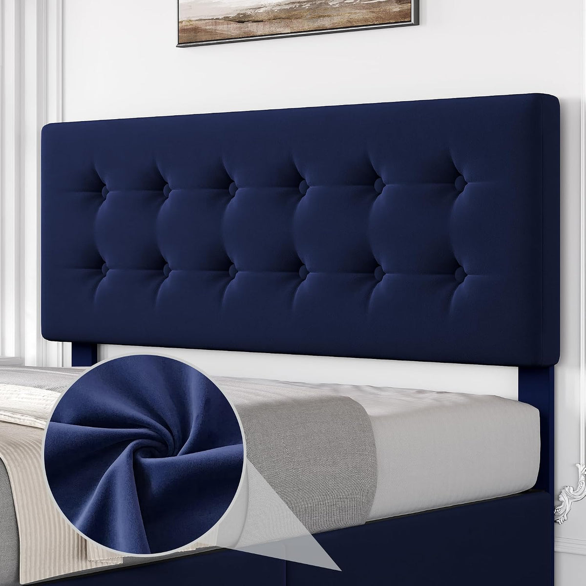 GarveeHome Full Size Bed Frame with 4 Storage Drawers and Velvet Upholstered Headboard, Wooden Slats Support, Button Tufted Design, No Box Spring Needed, Blue
