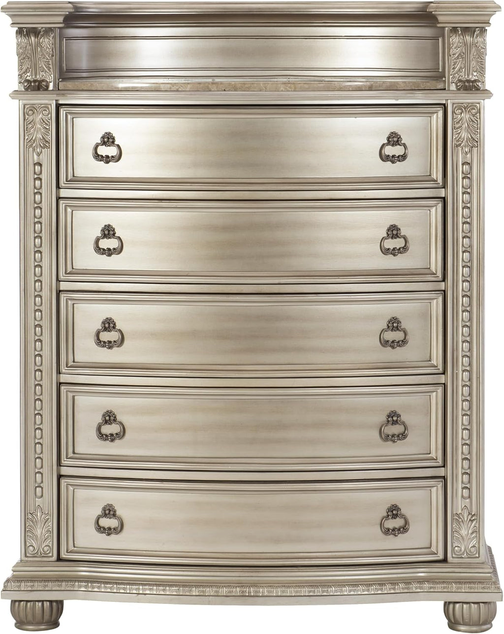Classic Traditional Bedroom 4pc Set King Size Upholstered Bed Silver Finish Marble Top Formal Wooden Furniture