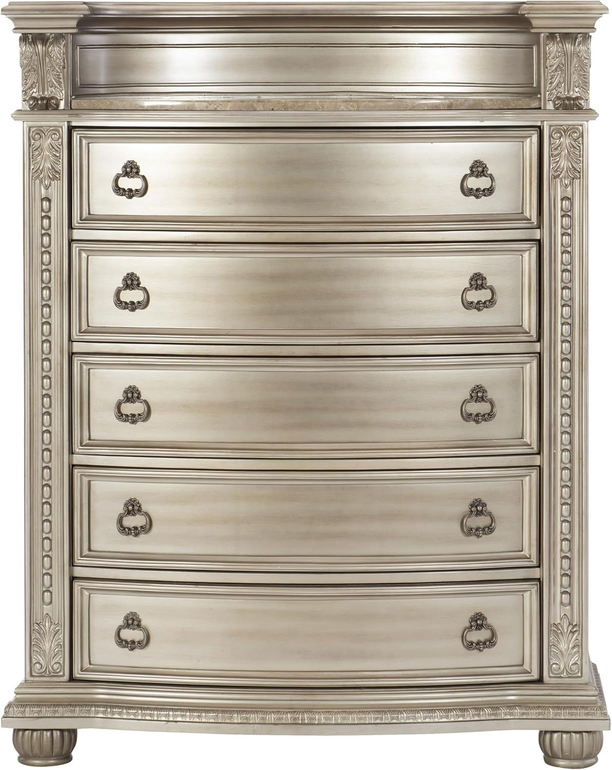 Classic Traditional Bedroom 4pc Set King Size Upholstered Bed Silver Finish Marble Top Formal Wooden Furniture
