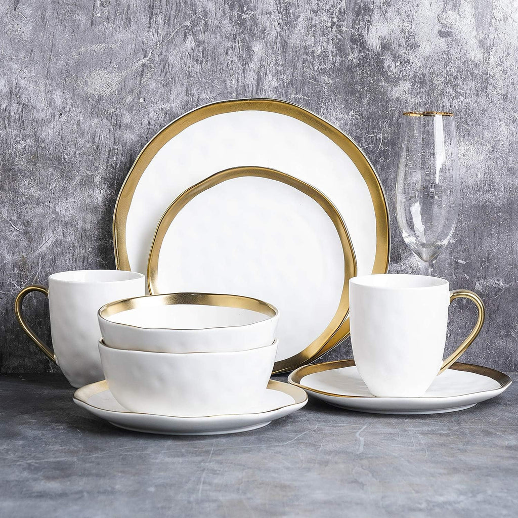 Stone Lain Modern Poreclain 16 Piece Dinnerware Set, Plates and Bowls Set, Dish set for 4, White And Golden Rim