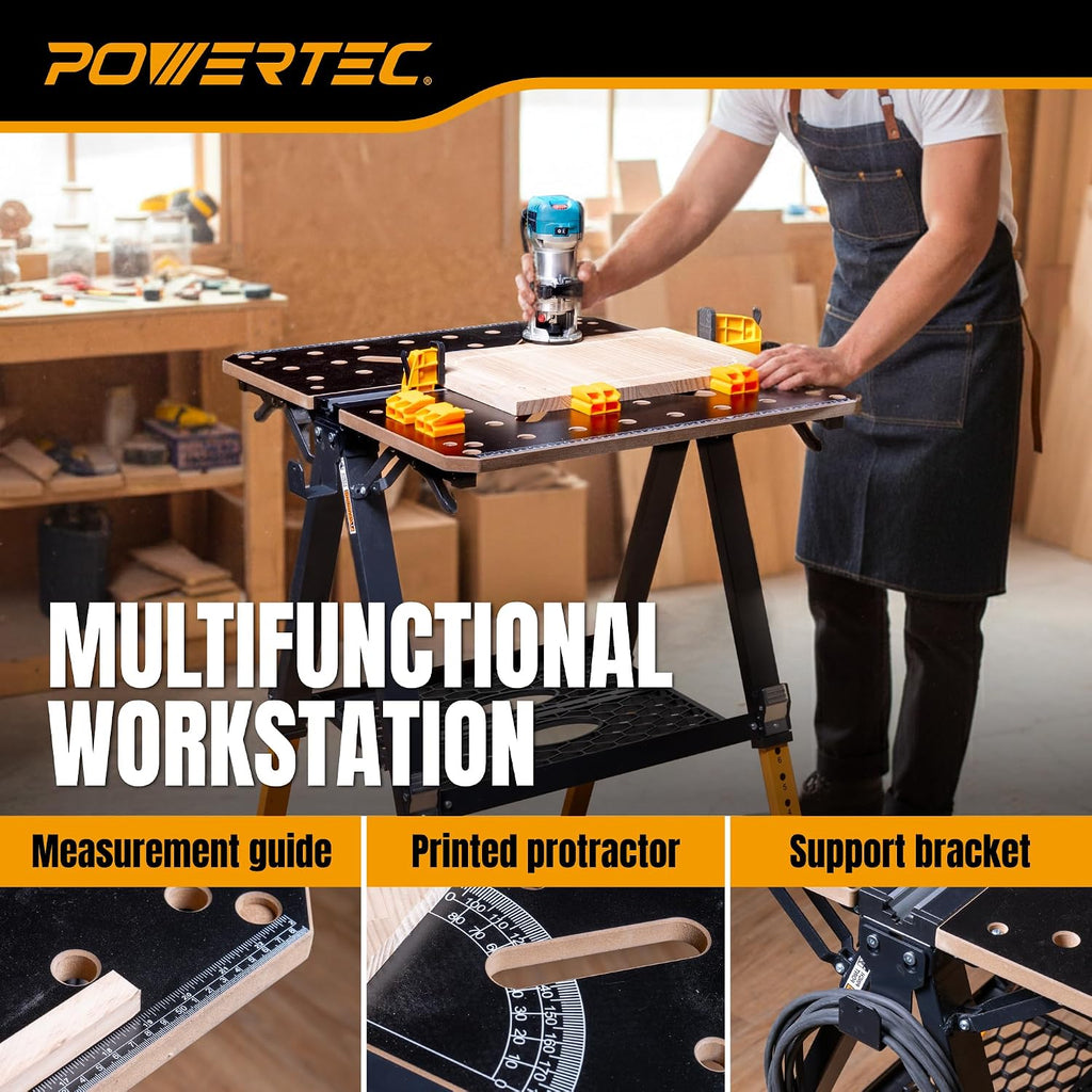 POWERTEC 2-in-1 Folding Work Table & Sawhorse – 1000 lb Capacity Portable Workbench with 8-Level Height Adjustment, Clamps, Bench Dogs & Expandable Support Platform (UT1015)