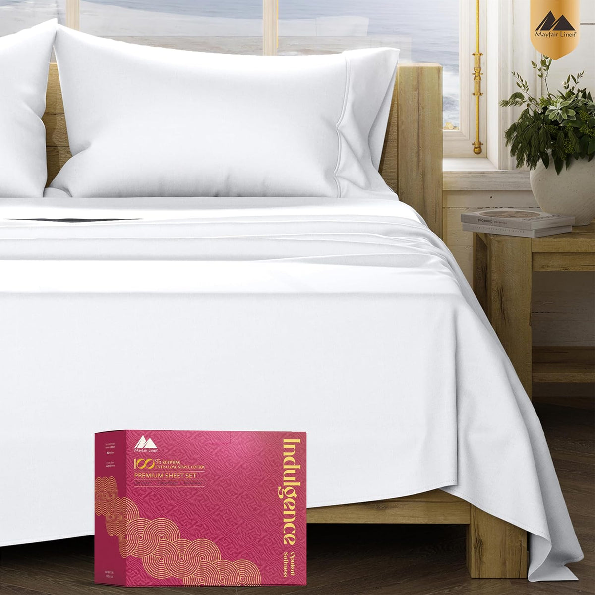 Mayfair Linen 100% Egyptian Cotton Queen Sheet Set - Luxury 1200 Series Egyptian Cotton Sheets Queen Size (4 PC, White), Silky Soft, Cooling & Breathable, 17' Deep Pocket Sateen Weave Hotel Bedding