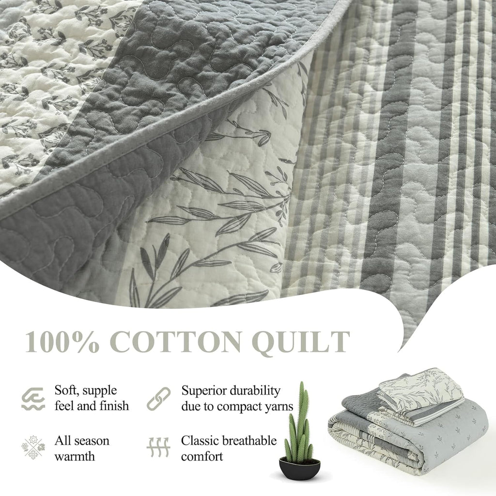 DDUOXIN 100% Cotton King Quilt - Modern Stripe King Size Quilt with 2 Pillow Shams, Bedspread Reversible Lightweight Comforter Bedding Set for All Seasons, Gray Quill/Harbor Mist/Star White