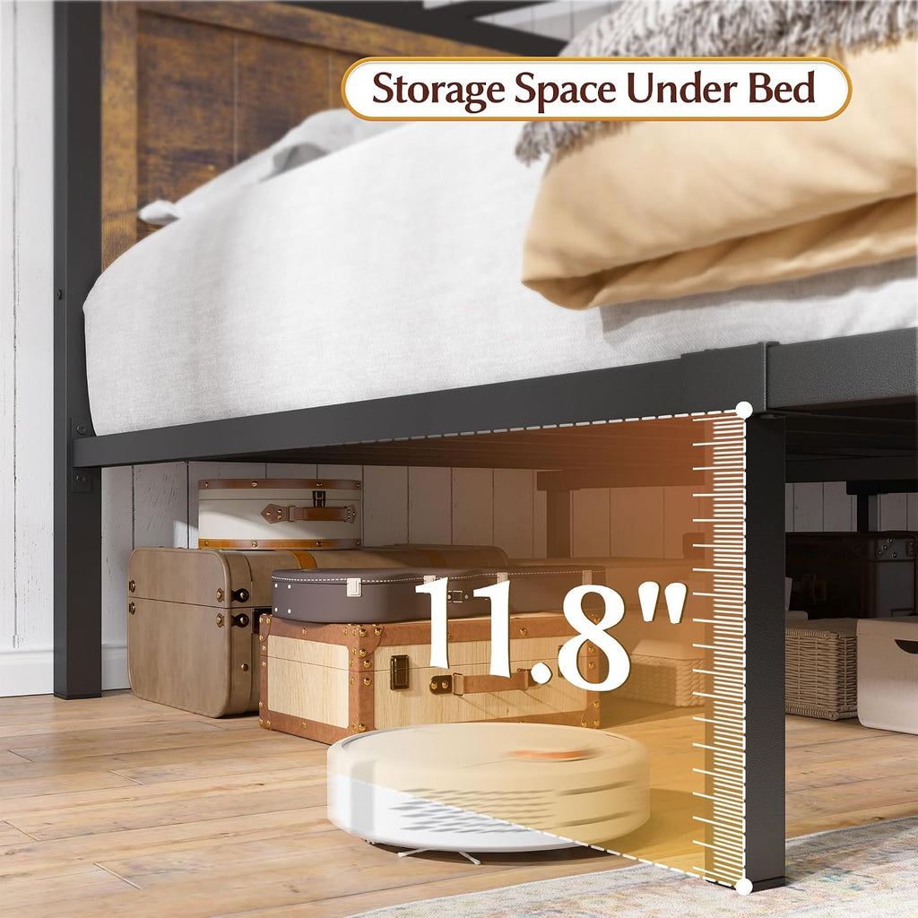 EnHomee Full Size Bed Frame with Headboard, 2 Large Drawers Platform Bed with LED Lights and Built-in Charging Station, No Box Spring Needed, Noise-Free Metal Bed for Bedroom, Brown
