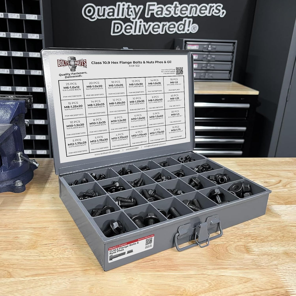 Metric Class 10.9 Hex Cap Flange Frame Bolts & Locking Flange Nuts Assortment Kit - 370 Pieces!