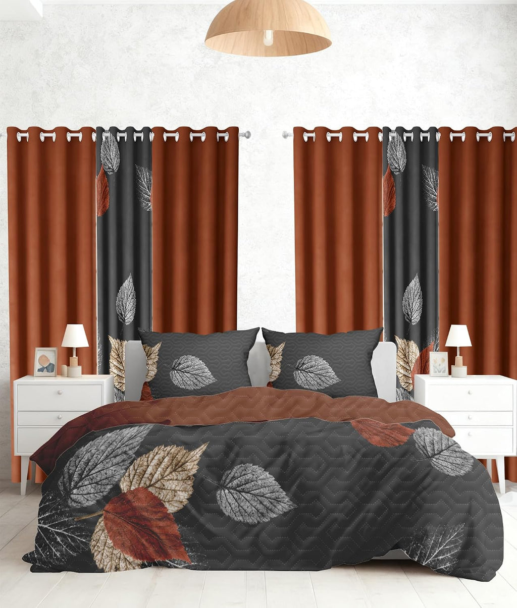 9 Pcs Cal King Bed in a Bag with Curtains | Boho Brown Leaf Bedspread, Pillowcases, Print & Solid Curtains | Microfiber, Moisture-Wicking | Bedspread and Curtain Sets | RV & Outdoor Ready