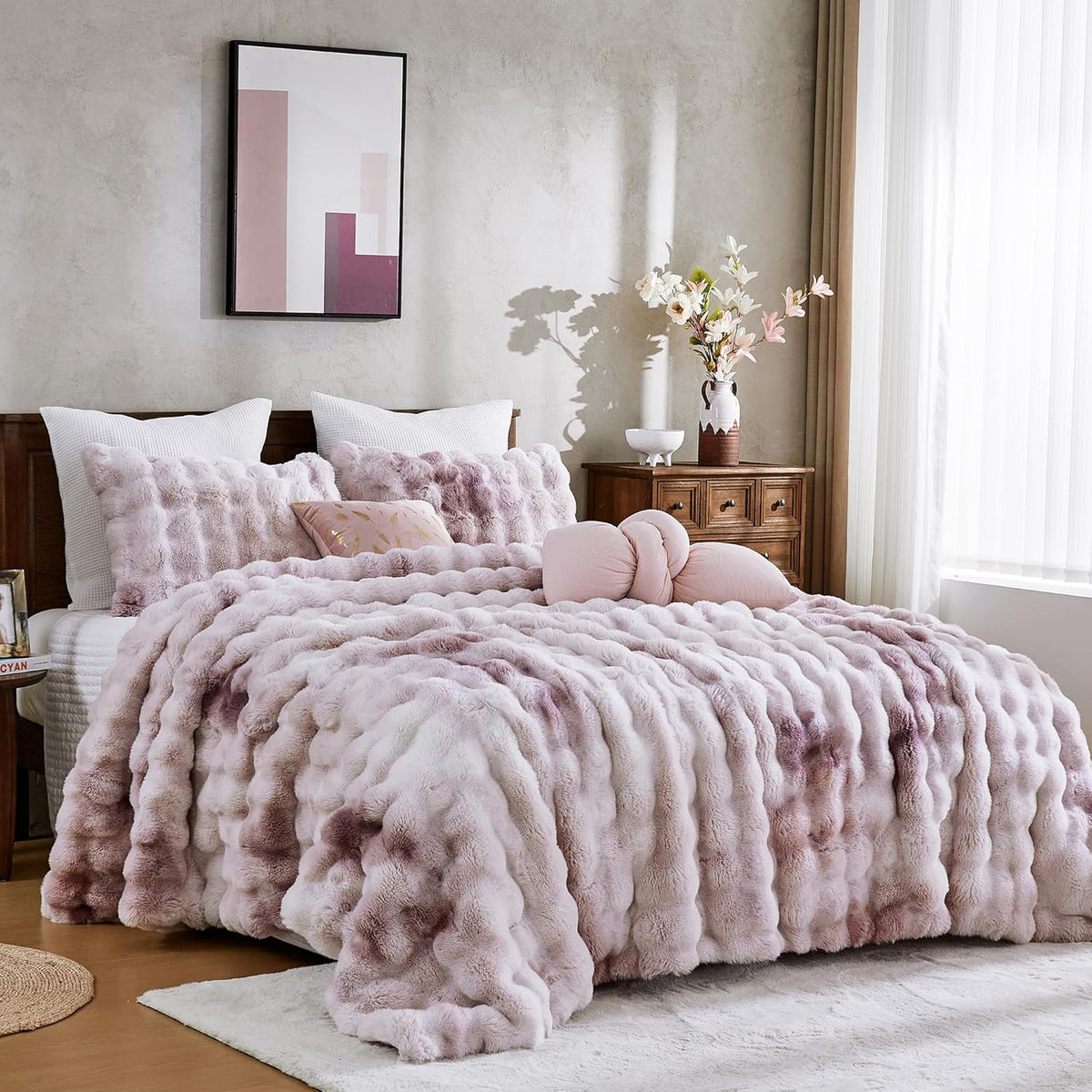 Wonderful 3 Pieces Fluffy Faux Rabbit Fur Bubble Comforter Set King Size, Tie-Dyeing Pink Purple Plush Fuzzy Bedding Set, Warm Soft Bubble Comforter Bedding Set for Winter