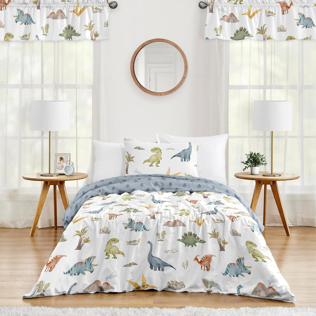 Sweet Jojo Designs 2-Piece Twin Comforter Set (Blue Dinosaur Dino) for Boys, Children, Kids Bedding, Bed in a Bag incl. Blanket & Pillow Sham (Modern, Jurassic, Watercolor, Animal Tracks, Footprint)