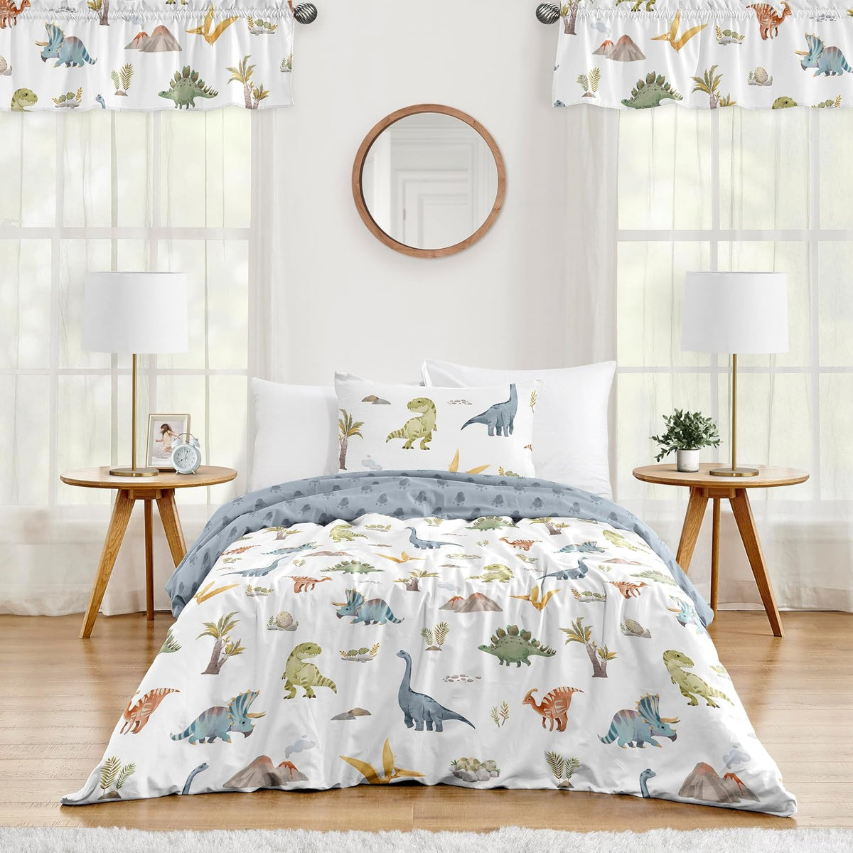Sweet Jojo Designs 2-Piece Twin Comforter Set (Blue Dinosaur Dino) for Boys, Children, Kids Bedding, Bed in a Bag incl. Blanket & Pillow Sham (Modern, Jurassic, Watercolor, Animal Tracks, Footprint)