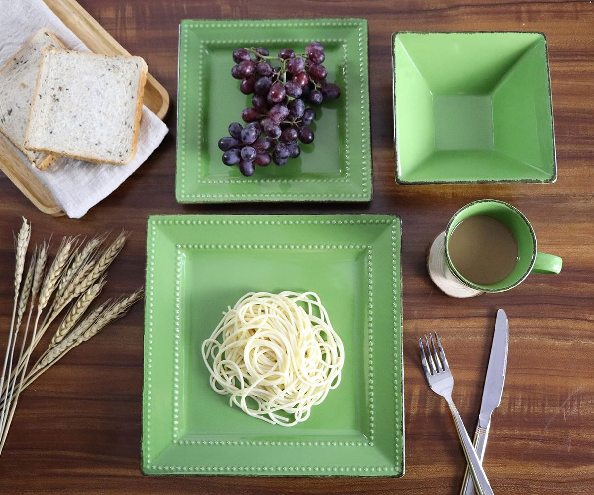Stylish and Elegant 16 Piece Square Beaded Stoneware Dinnerware set Service for Hosting Parties and Events - Green, 16 Piece, Square Beaded