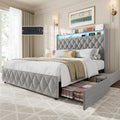 IDEALHOUSE King Size Bed Frame with 50.8' Tall Headboard and 4 Storage Drawers, Platform Velvet Upholstered Bed Frame with Charging Station, Led Lights, No Box Spring Needed, Easy Assembly, Grey