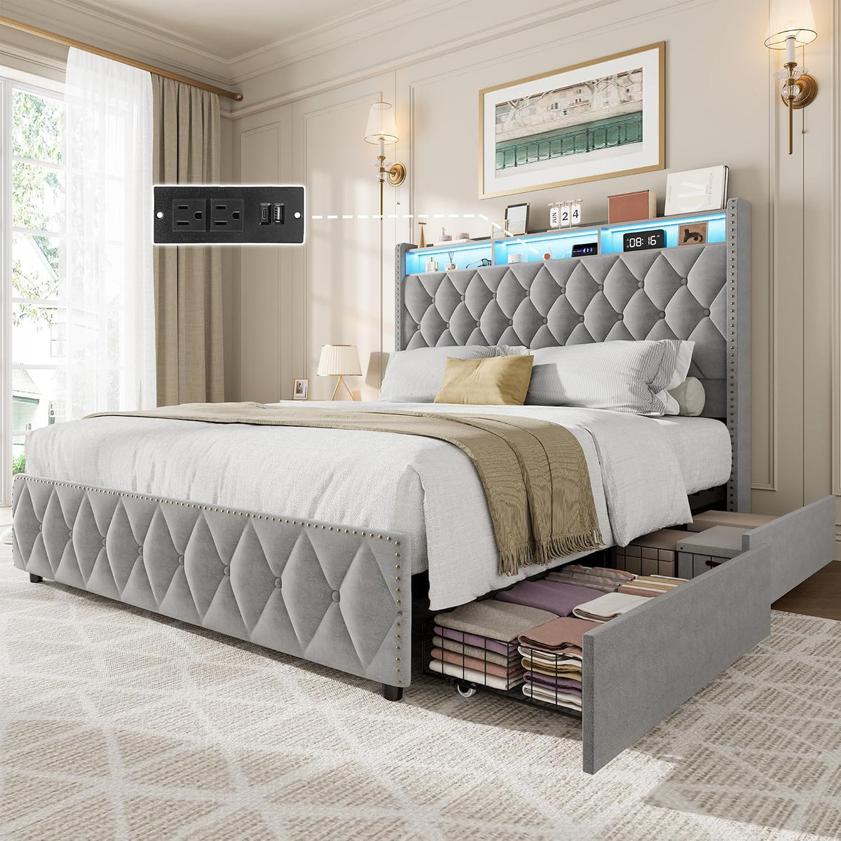 IDEALHOUSE King Size Bed Frame with 50.8' Tall Headboard and 4 Storage Drawers, Platform Velvet Upholstered Bed Frame with Charging Station, Led Lights, No Box Spring Needed, Easy Assembly, Grey