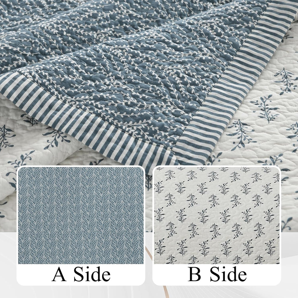 Finlonte Cotton Quilt King Size - 100% Cotton King Comforter Set, Botanical Chic Quilt Bedding Set, Lightweight Reversible Soft Quilted Bedspread for King Bed, Grayish-Blue/White, All Season, 3 Pieces