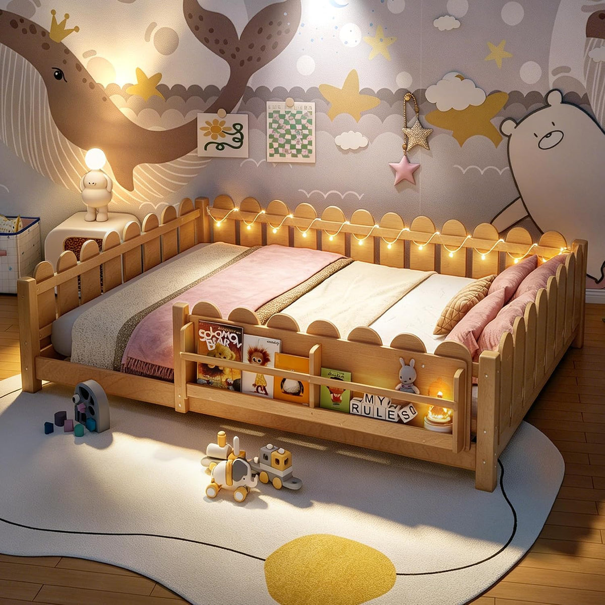 Bellemave Queen Size Floor Bed with Rails and Slats, Queen Size Montessori Floor Bed with Bookshelf, Fence and Lights, Low Profile Montessori Beds Frame for Girls, Boys, Light Natural