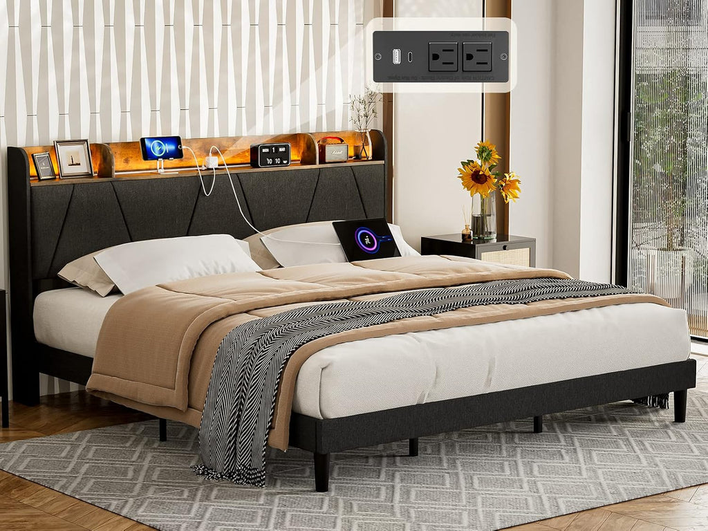 IKIFLY King Bed Frame with Charging Station & Storage Shelf, Upholstered LED Platform Bed Frame, Solid Wood Slats, No Box Spring Needed, Black