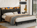 IKIFLY King Bed Frame with Charging Station & Storage Shelf, Upholstered LED Platform Bed Frame, Solid Wood Slats, No Box Spring Needed, Black