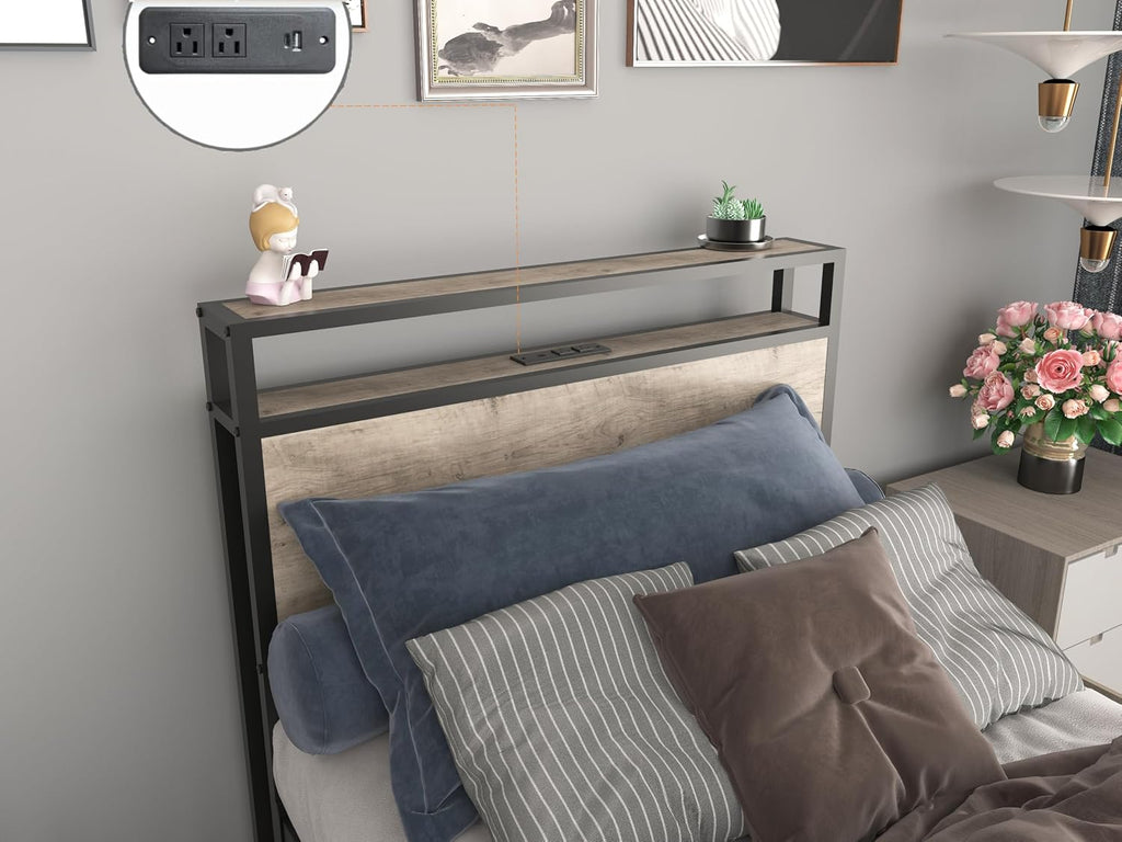 Twin Bed Frame with 4 Storage Drawers,Storage Headboard with Charging Station, Solid and Stable, Noise Free, No Box Spring Needed, Easy Assembly,Gray (Twin)