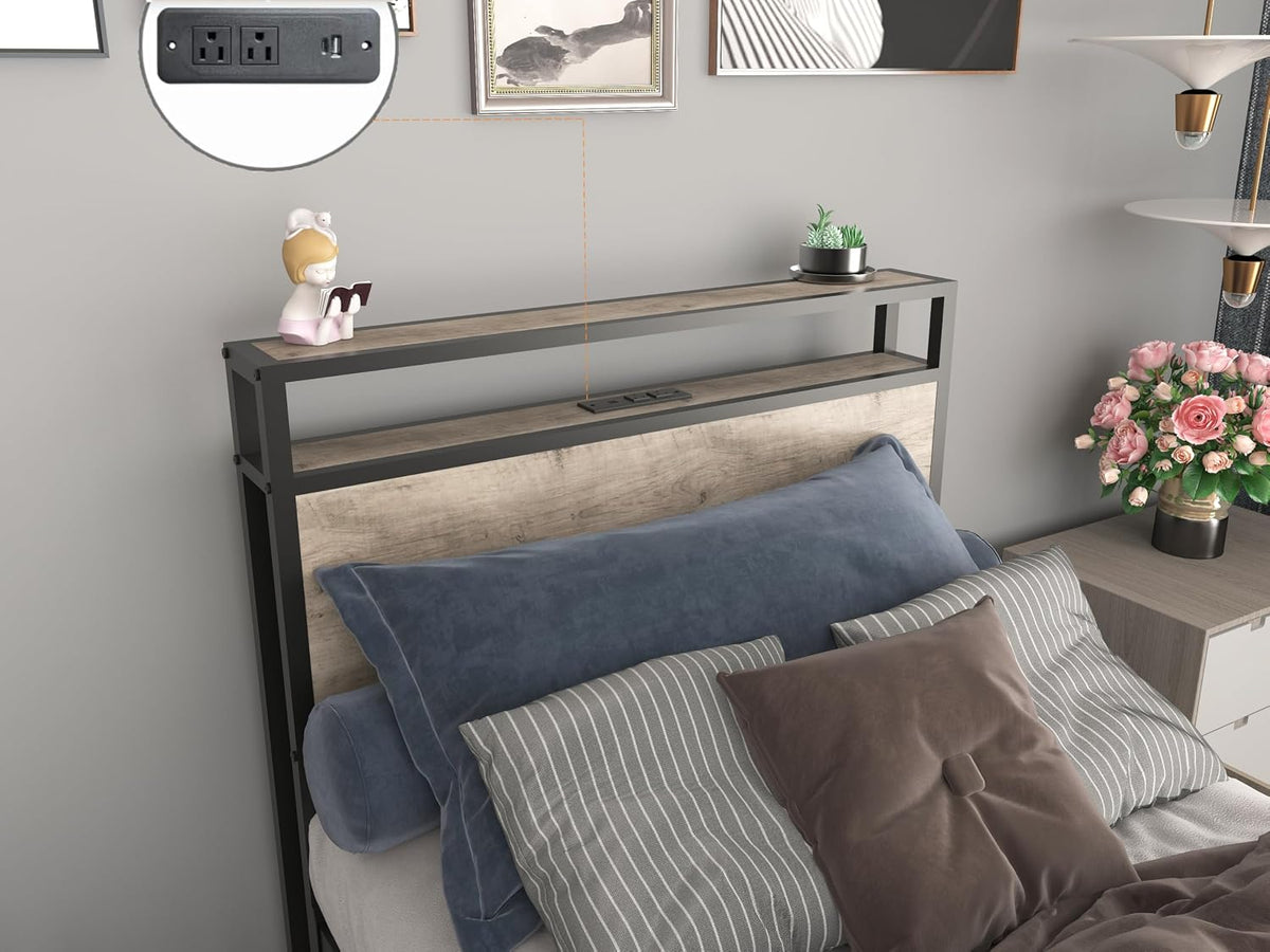 Twin Bed Frame with 4 Storage Drawers,Storage Headboard with Charging Station, Solid and Stable, Noise Free, No Box Spring Needed, Easy Assembly,Gray (Twin)