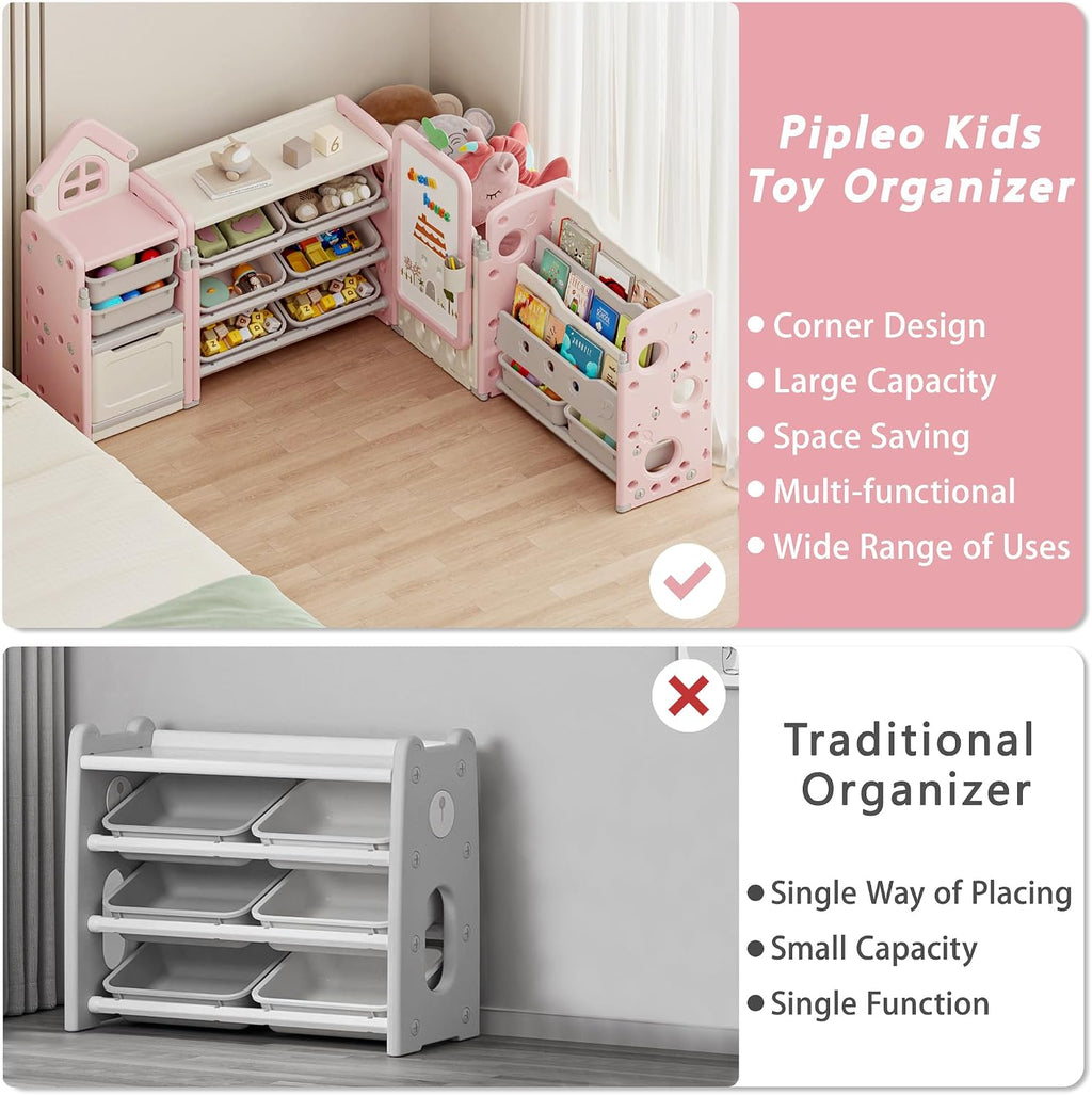 Kids Toy Storage Organizer with 10 Removable Bins, Foldable Toy Organizers and Storage with 3-Tier Bookshelf for Kids Toy Storage Organizer with Drawing Board, Extra 3 Brushes (4 In 1 Light Pink)