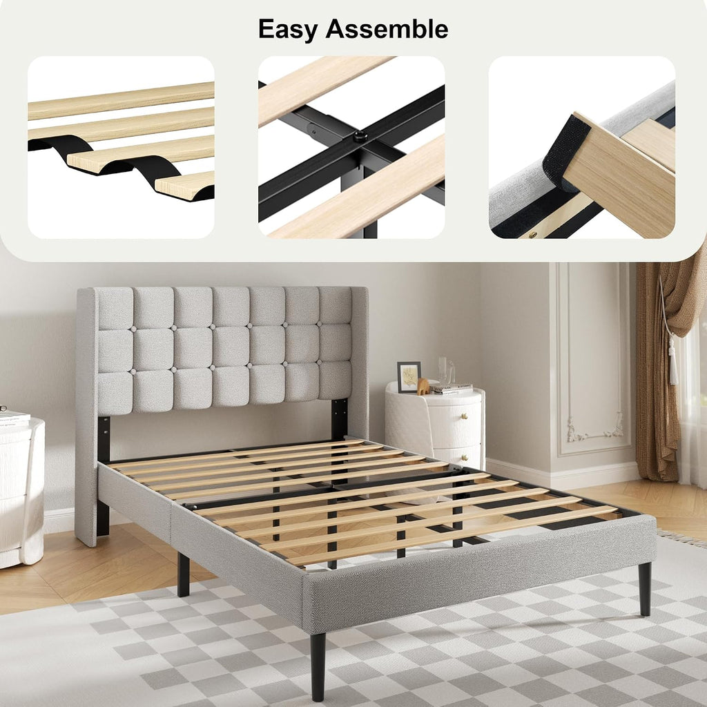 Full Size Bed Frame with Wingback Headboard, Velvet Upholstered Platform Bed Frame with Button Tufted Headboard, Wooden Slats Support, No Box Spring Needed, Easy Assembly, Light Grey