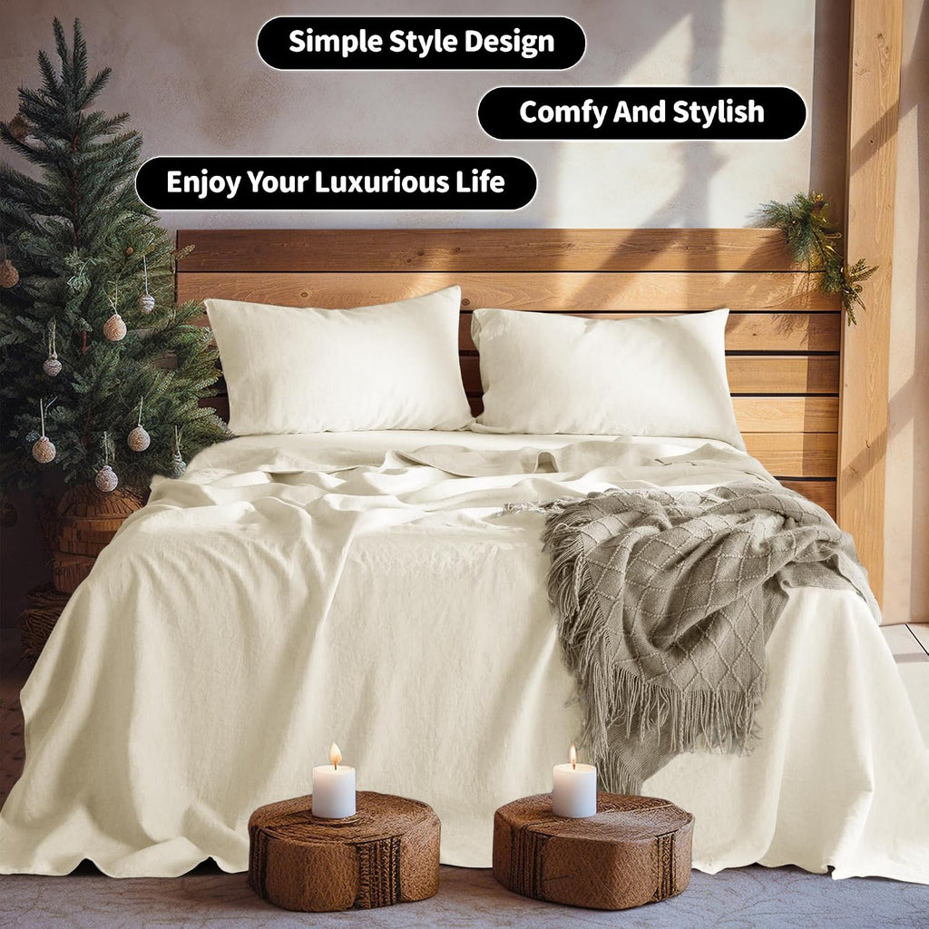 LBRO2M 100% Pure Linen Sheet Set Deep Pocket Up to 16' Bed Sheets Sets, Natural Flax Beddings Soft, Breathable, Comfortable for All Seasons 4 Pcs Sheet Set Queen Size, Beige
