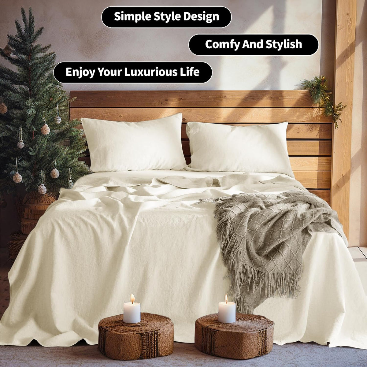LBRO2M 100% Pure Linen Sheet Set Deep Pocket Up to 16' Bed Sheets Sets, Natural Flax Beddings Soft, Breathable, Comfortable for All Seasons 4 Pcs Sheet Set Queen Size, Beige