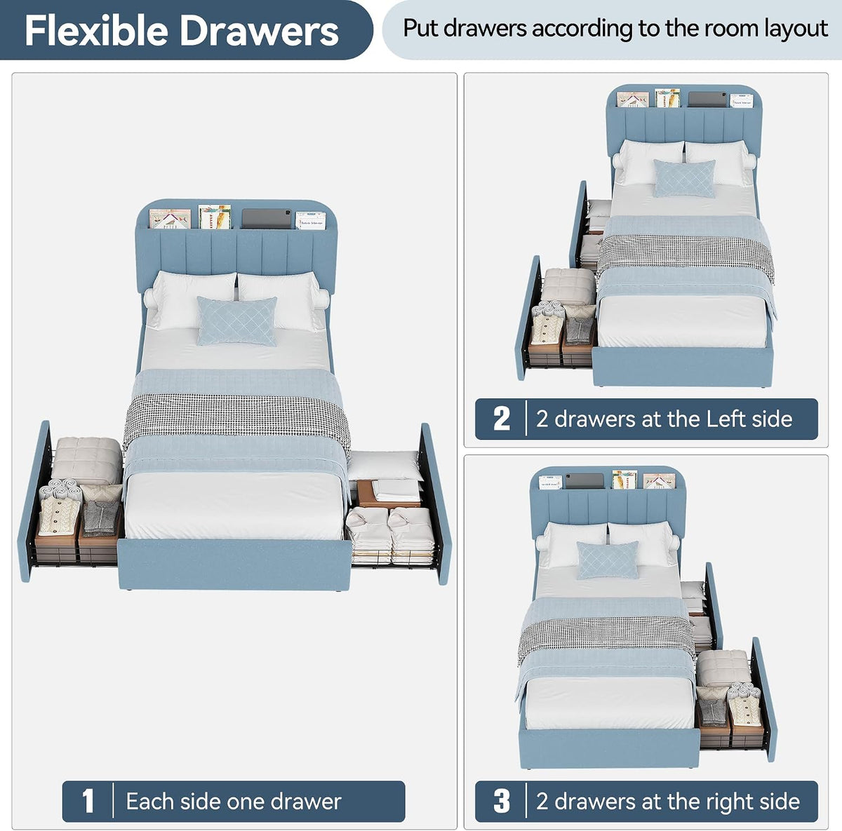 GarveeHome Twin Bed Frame with Storage Headboard, Kids Bed Frame with 2 Drawers, Boucle Upholstered Platform Bed with Bookcase, No Box Spring Needed, Easy Assembly, Blue