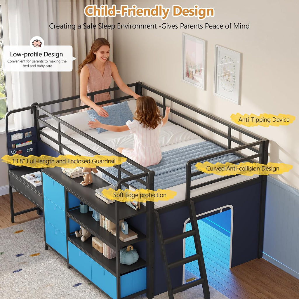 DICTAC Low Loft Bed with Desk and 6 Storage Drawers Twin Loft Bed with Bookshelf,LED Lights & Under-Bed Play Space,Kids Twin Beds with 13.8''H Safety Guardrail,Inclined Ladder&Play Curtain,Blue+Black