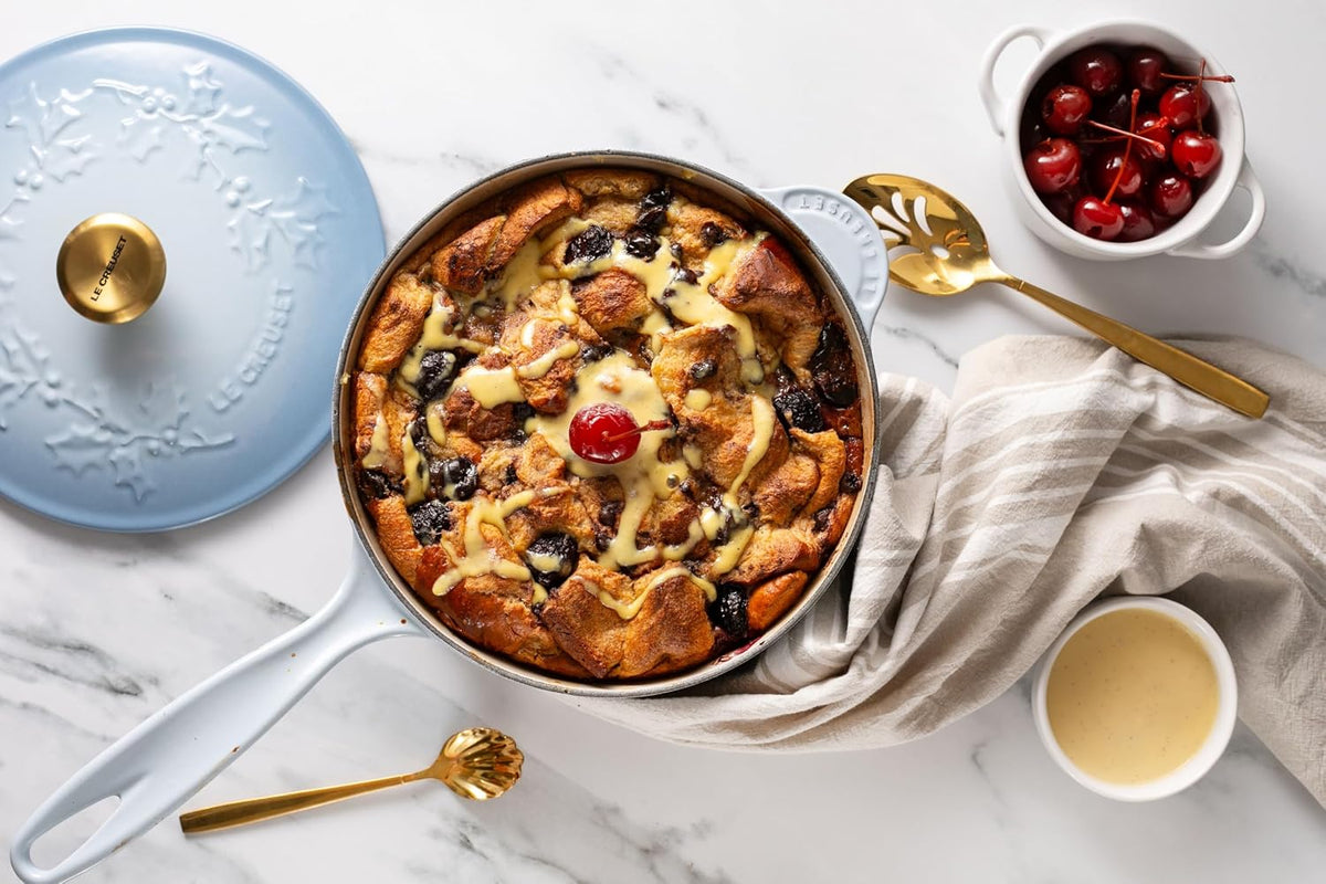 Le Creuset Enameled Cast Iron Holly Collection Traditional Saucier, 2.25 qt., Coastal Blue with Gold Knob