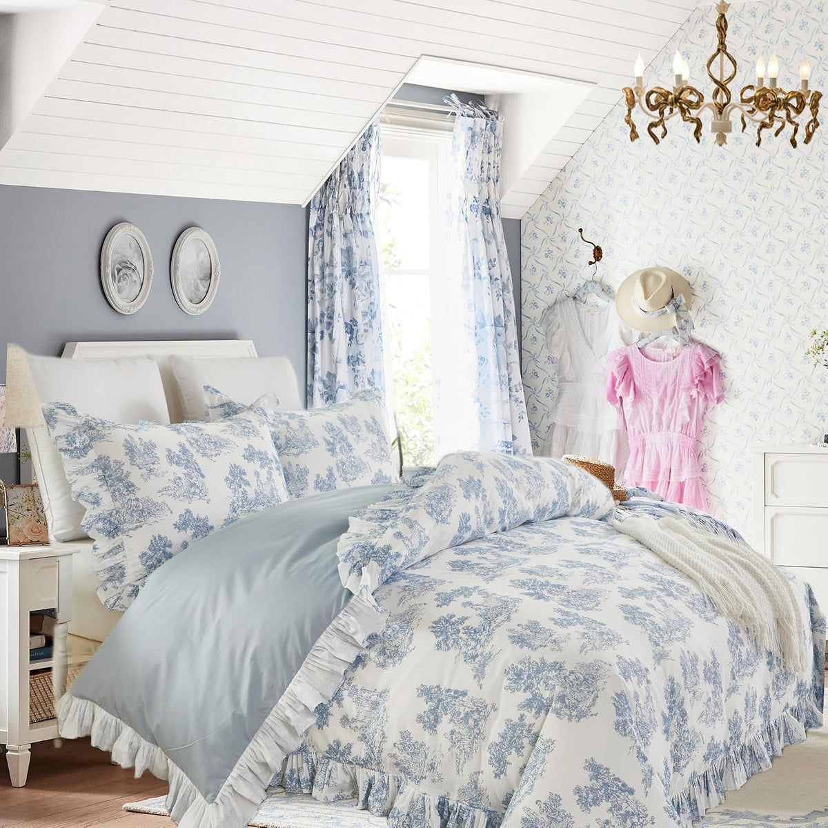 Brandream French Toile Duvet Cover Queen Size 100% Cotton Bedding Set Pastoral Toile Cottagecore Grandmillennial Tapestry Pattern Garden Floral Blossom Tree Delicate Ruffle Fringe Design, Blue