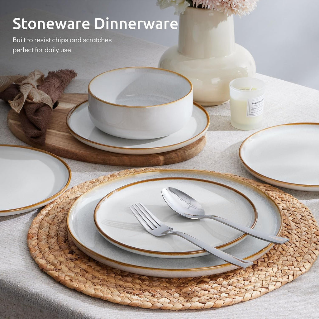 E-far Plates and Bowls Set for 8, 24-Piece Stoneware Dinnerware Sets, Ceramic Dinning Ware Reactive Glaze Dishes Set, Microwave & Dishwasher Safe - Seashell White