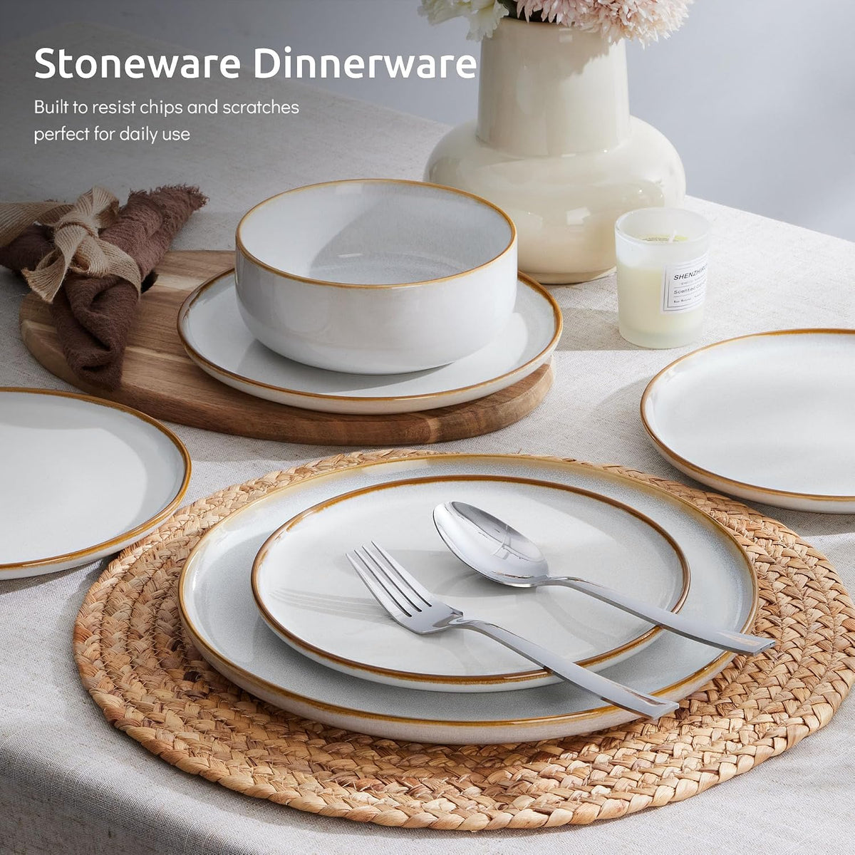 E-far Plates and Bowls Set for 8, 24-Piece Stoneware Dinnerware Sets, Ceramic Dinning Ware Reactive Glaze Dishes Set, Microwave & Dishwasher Safe - Seashell White