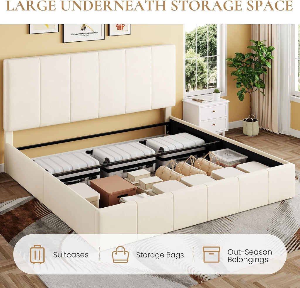 SHA CERLIN King Size Lift Up Storage Bed Frame, Adjustable Headboard, Hydraulic Support, Velvet Upholstered, Easy Installation, No Box Spring Needed, Cream