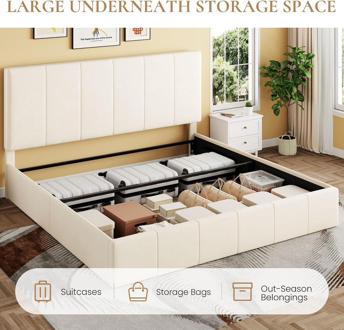 SHA CERLIN King Size Lift Up Storage Bed Frame, Adjustable Headboard, Hydraulic Support, Velvet Upholstered, Easy Installation, No Box Spring Needed, Cream
