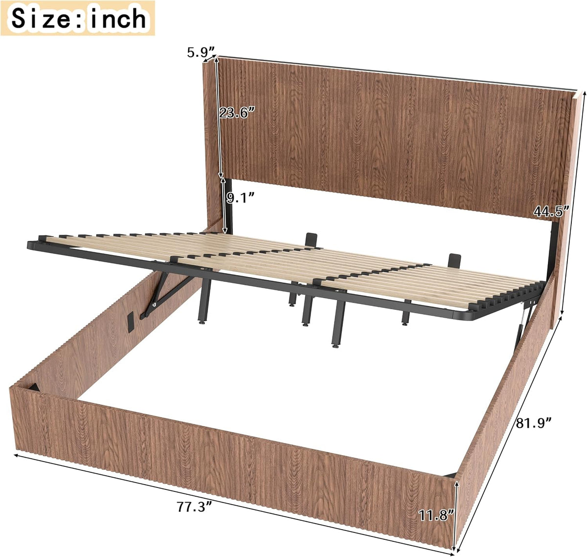 Lift Up Storage Bed King Size, King Bed Frame with Headboard and Lift Storage System, Wood Headboard with Wing-Back and Convex Groove Board Design