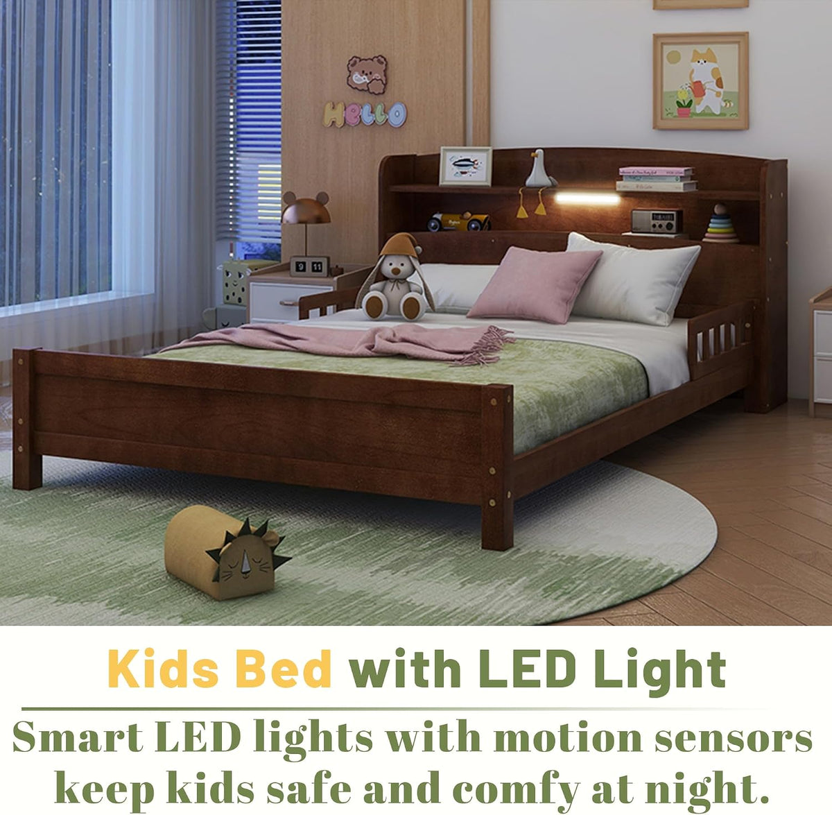 Full Size Kids Bed, Wood Kids Bed with Storage Bookcase & Headboard, Beds Frames with Rails & LED Motion Sensor Light, for Boys and Girls, Walnut