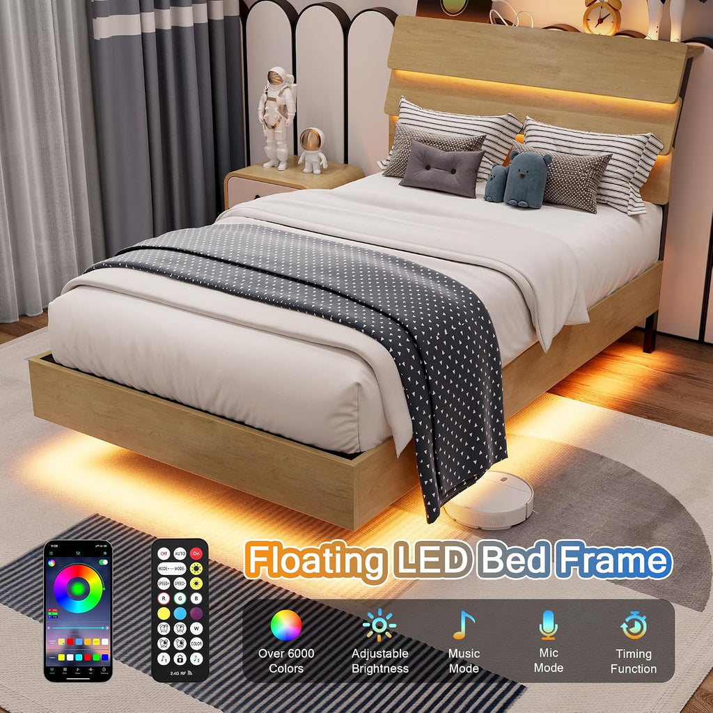 Einhomn Twin Bed Frames with LED Light and Charging Station, Floating Wooden Bed Frame, Heavy Duty Metal Slats, No Box Spring Needed, Noise Free, Easy Assembly, Oak