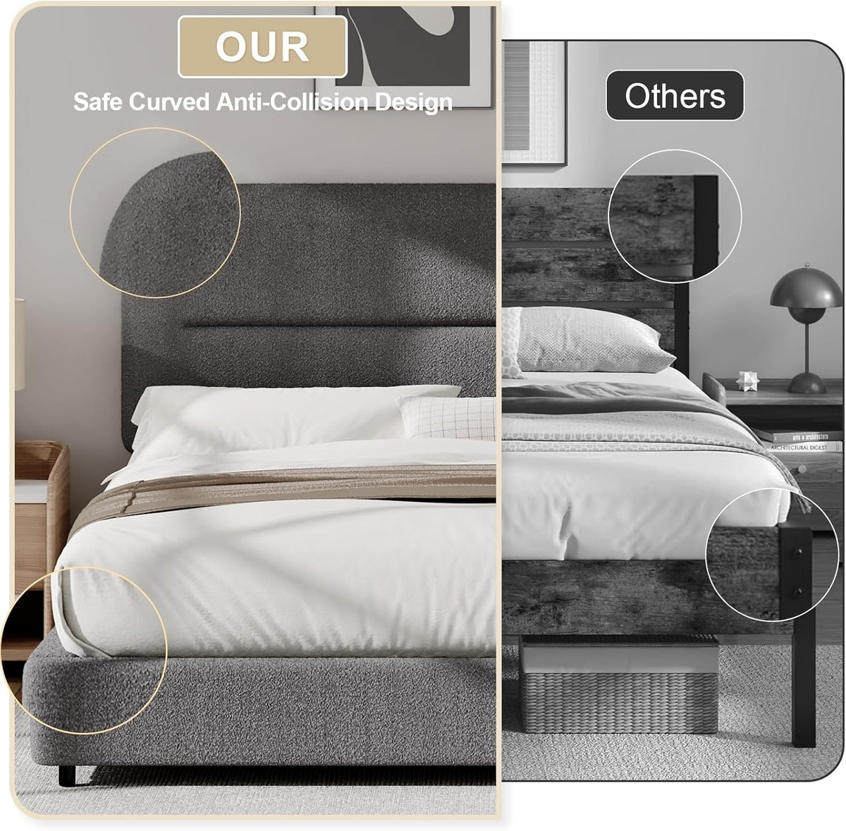 HOMBCK King Size Bed Frame, Boucle Upholstered Bed Frames and Headboard, Soft Bed Frame King with Thickened Footboard, Rounded Corners, No Box Spring Needed, Easy Assembly, Grey