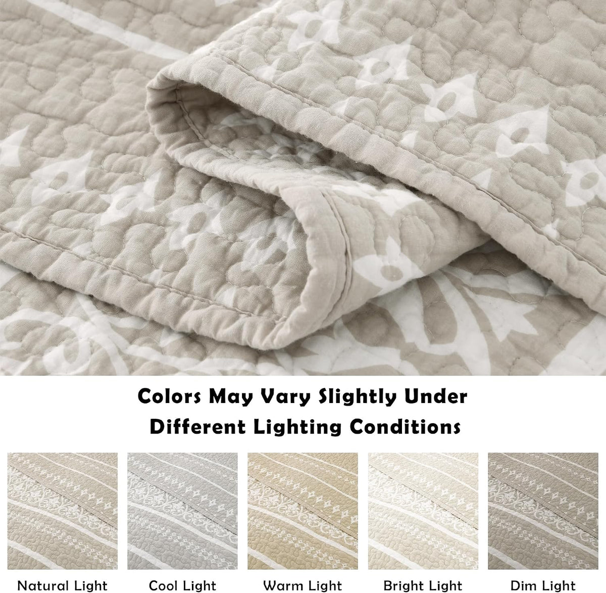 Boho Quilt Set - Boho Striped Quilt Set, 100% Cotton Bohemian Bedspread Set, Lightweight Quilt Bedding Set All Season Coverlet Set, Oatmeal Gray/White,King (106''W × 98''L)