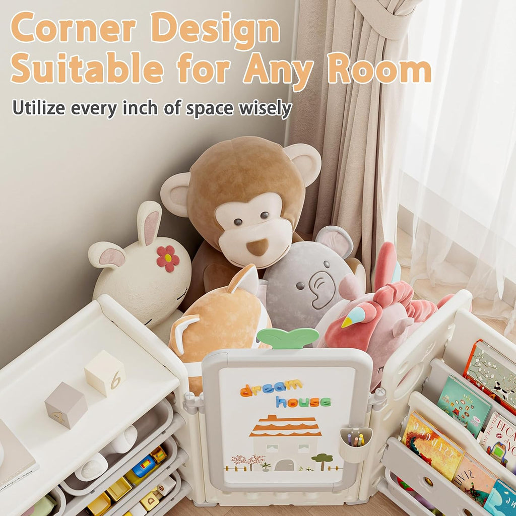Kids Toy Storage Organizer with 10 Removable Bins, Foldable Toy Organizers and Storage with 3-Tier Bookshelf for Kids Toy Storage Organizer with Drawing Board, Extra 3 Brushes (4 In 1 Off-white)