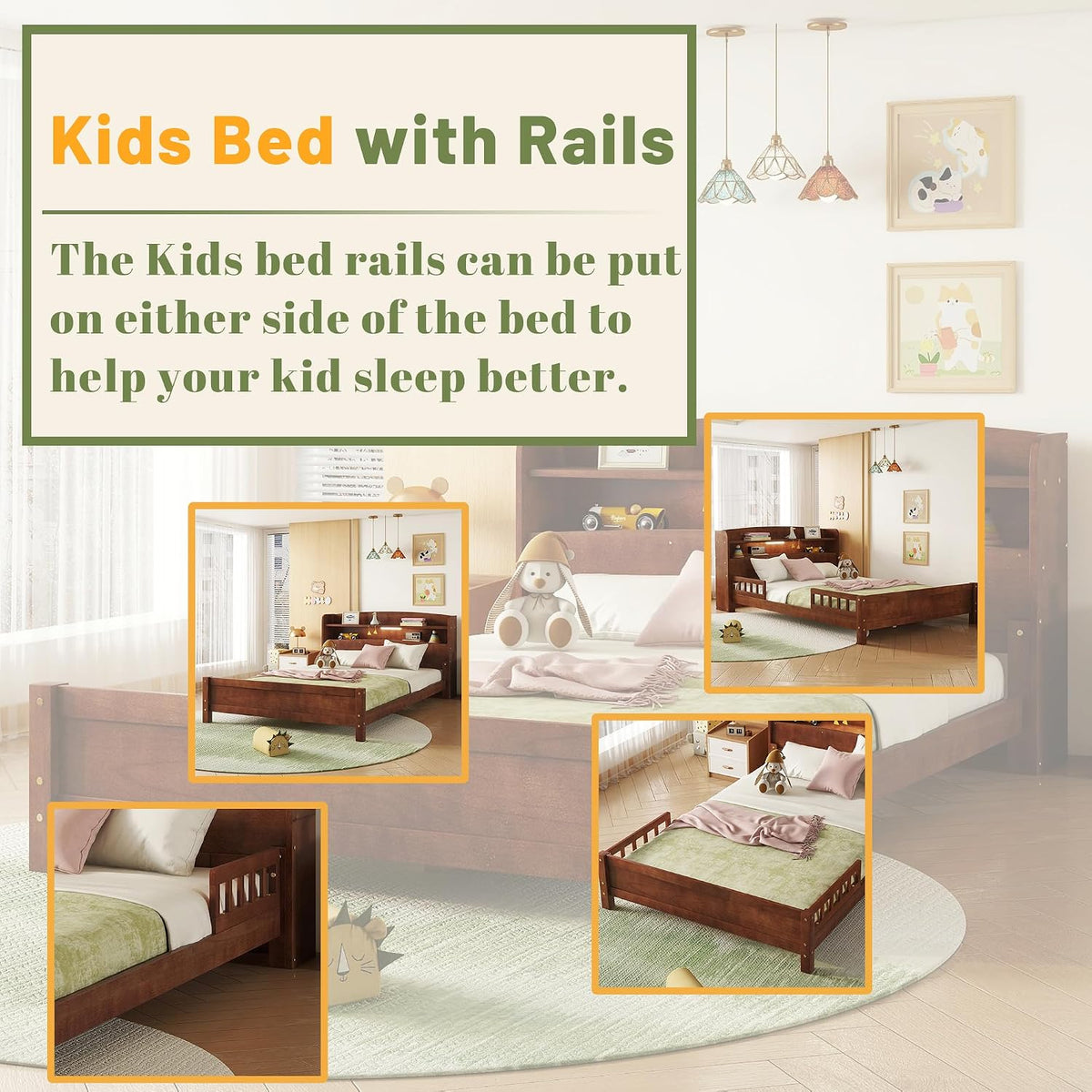 Full Size Kids Bed, Wood Kids Bed with Storage Bookcase & Headboard, Beds Frames with Rails & LED Motion Sensor Light, for Boys and Girls, Walnut