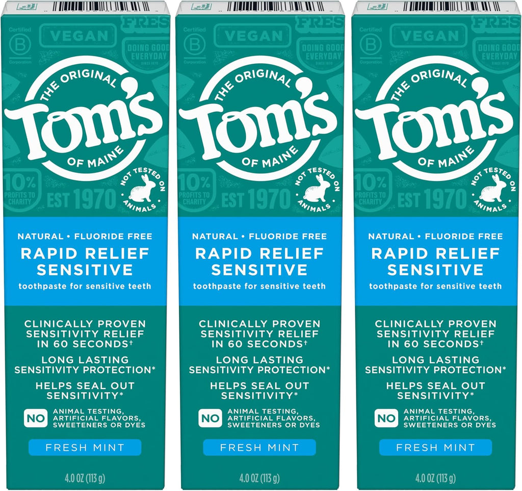 Tom's of Maine Fluoride-Free Rapid Relief Sensitive Toothpaste,Fresh Mint,4 oz. (Packaging May Vary), (Pack of 24)