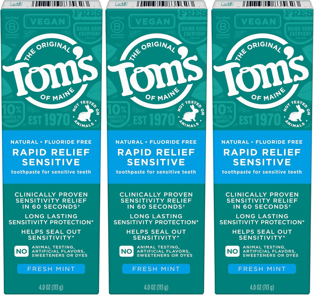 Tom's of Maine Fluoride-Free Rapid Relief Sensitive Toothpaste,Fresh Mint,4 oz. (Packaging May Vary), (Pack of 24)